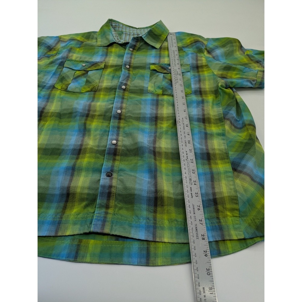 Mountain Hardwear Men's XL Plaid Snap Front Short Sleeve Hiking Shirt Green Blue - Picture 5 of 12